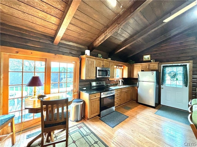 kitchen featuring sink, vaulted ceiling with beams, wood ceiling, light wood-type flooring, and appliances with stainless steel finishes