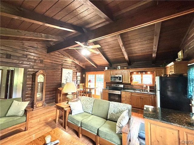 living room with sink, vaulted ceiling with beams, wood walls, wooden ceiling, and light hardwood / wood-style floors