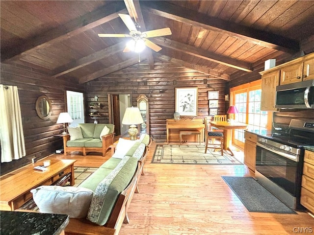 living room featuring wood ceiling, vaulted ceiling with beams, light hardwood / wood-style floors, log walls, and wood walls