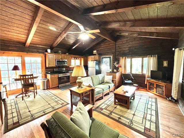 living room featuring lofted ceiling with beams, wooden walls, wood ceiling, and light wood-type flooring