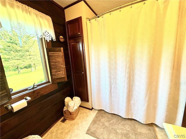 bathroom with wood walls