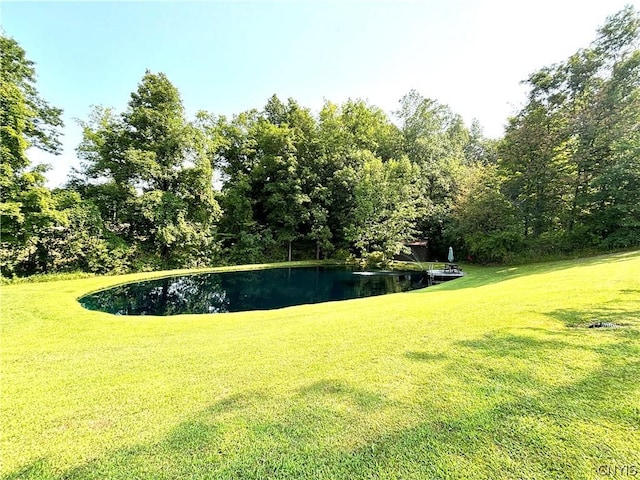 surrounding community with a water view and a yard