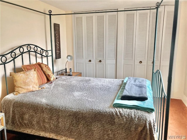 carpeted bedroom with two closets