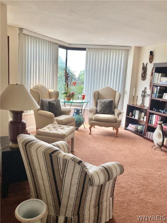 carpeted living room featuring floor to ceiling windows