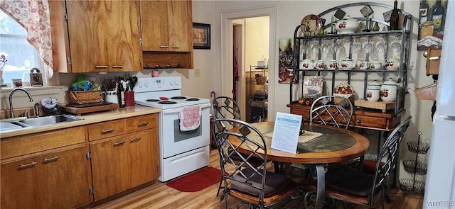 kitchen with sink, white electric range, and light wood-type flooring