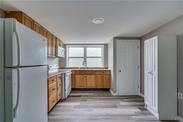 kitchen featuring sink, light hardwood / wood-style flooring, and white appliances