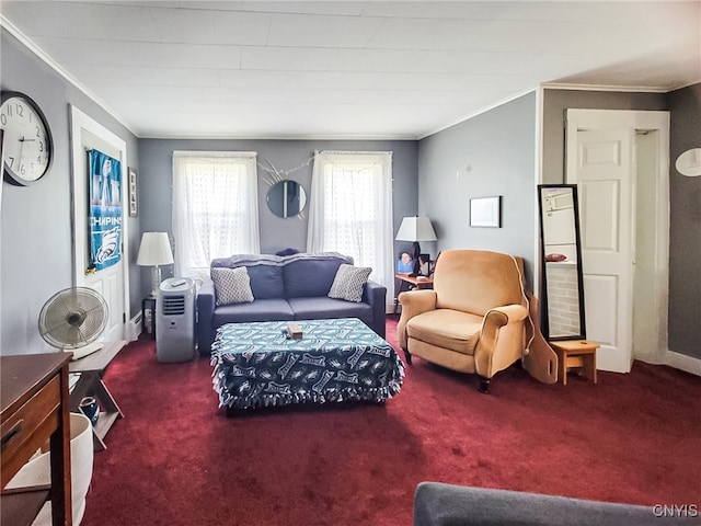 carpeted living room featuring ornamental molding