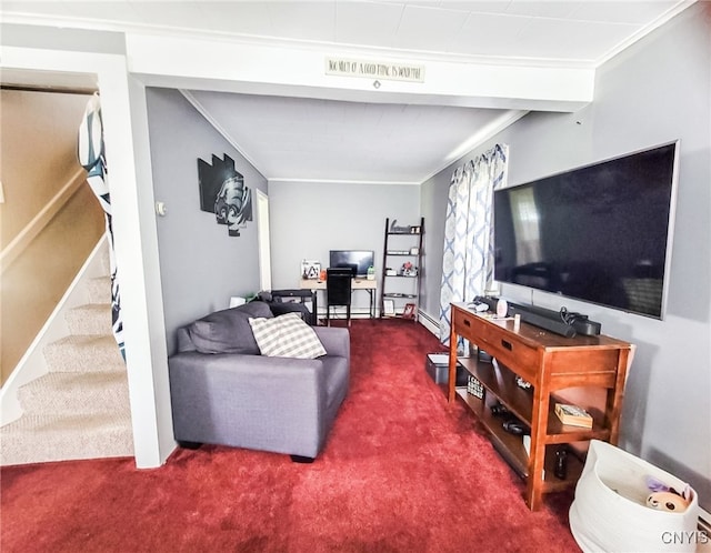 carpeted living room with ornamental molding