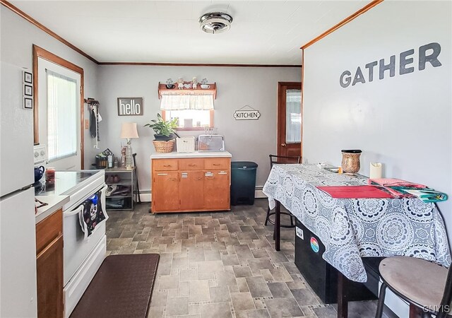 kitchen featuring a baseboard heating unit, white appliances, and ornamental molding