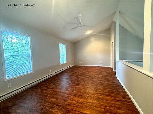 bonus room with a baseboard heating unit, lofted ceiling, wood-type flooring, and ceiling fan