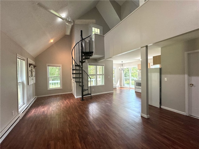 unfurnished living room with dark hardwood / wood-style flooring, plenty of natural light, and high vaulted ceiling