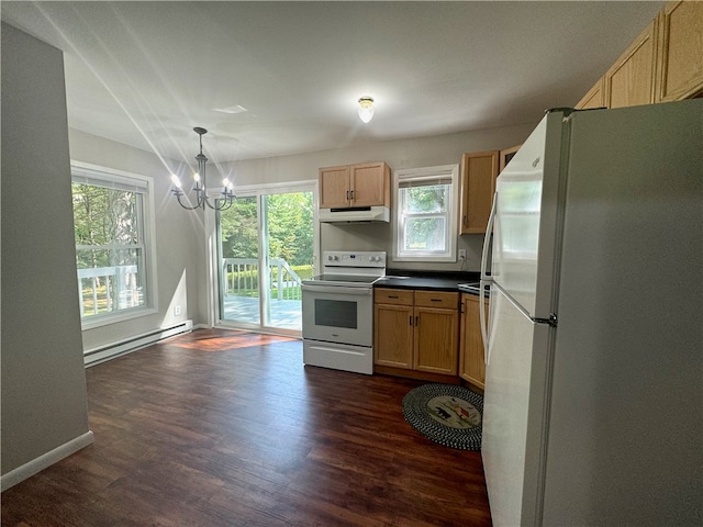 kitchen featuring white appliances, pendant lighting, dark hardwood / wood-style floors, a baseboard radiator, and a chandelier