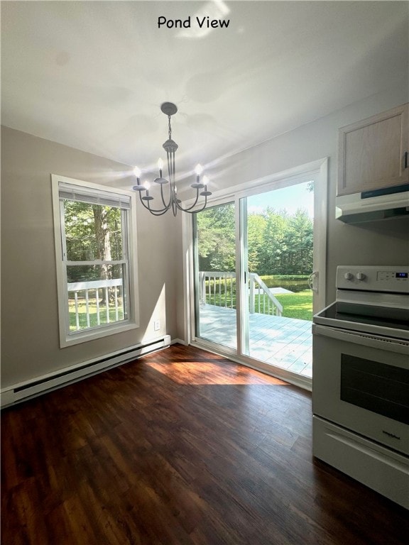 unfurnished dining area with a notable chandelier, a baseboard radiator, and dark wood-type flooring