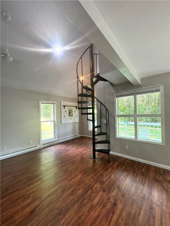 unfurnished living room with beam ceiling, dark wood-type flooring, and a baseboard heating unit