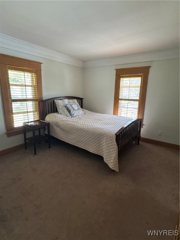 bedroom featuring carpet and crown molding