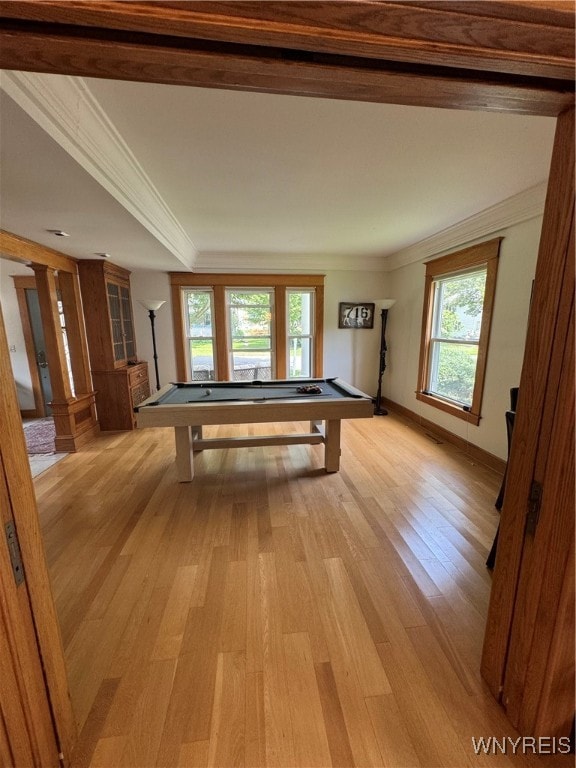 rec room featuring light hardwood / wood-style floors, ornamental molding, a healthy amount of sunlight, and billiards