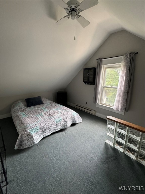 bedroom with a baseboard radiator, ceiling fan, lofted ceiling, and carpet flooring