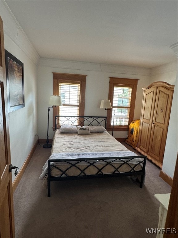 unfurnished bedroom with carpet flooring and crown molding