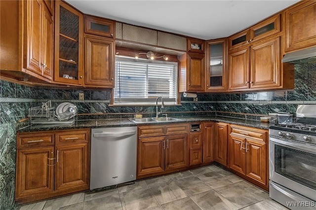 kitchen featuring tasteful backsplash, stainless steel appliances, range hood, and sink