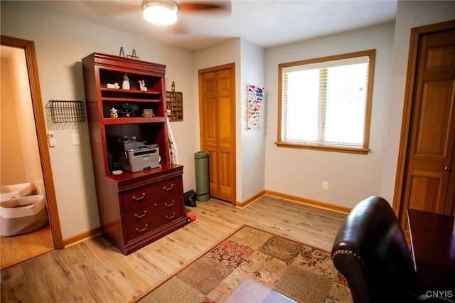 living area with ceiling fan and light hardwood / wood-style flooring