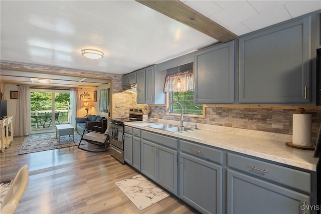 kitchen with a healthy amount of sunlight, electric range, gray cabinets, and a sink