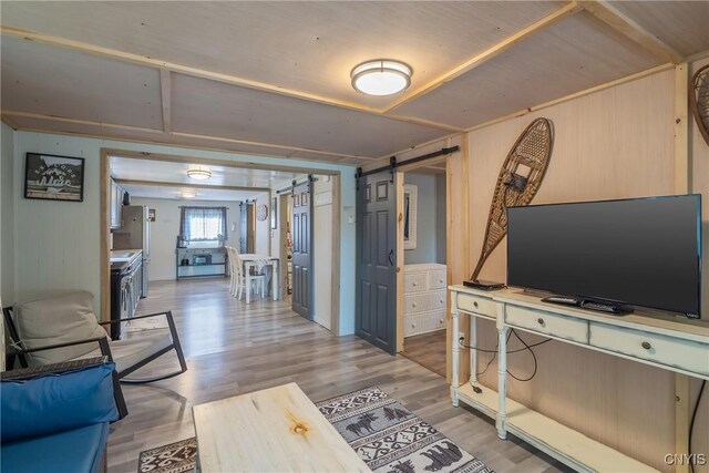 living room with light hardwood / wood-style floors and a barn door