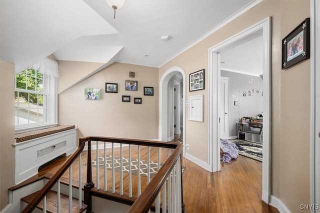 hall featuring crown molding and light hardwood / wood-style flooring