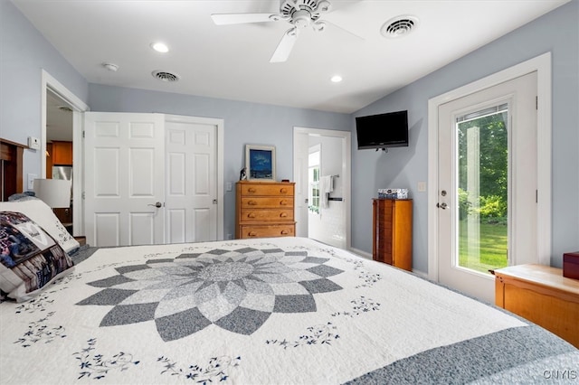 bedroom featuring access to exterior, multiple windows, ceiling fan, and a closet