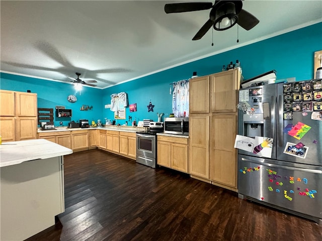 kitchen with appliances with stainless steel finishes, ornamental molding, dark wood-type flooring, light brown cabinetry, and ceiling fan