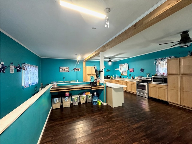 kitchen with appliances with stainless steel finishes, dark hardwood / wood-style floors, beamed ceiling, kitchen peninsula, and ceiling fan