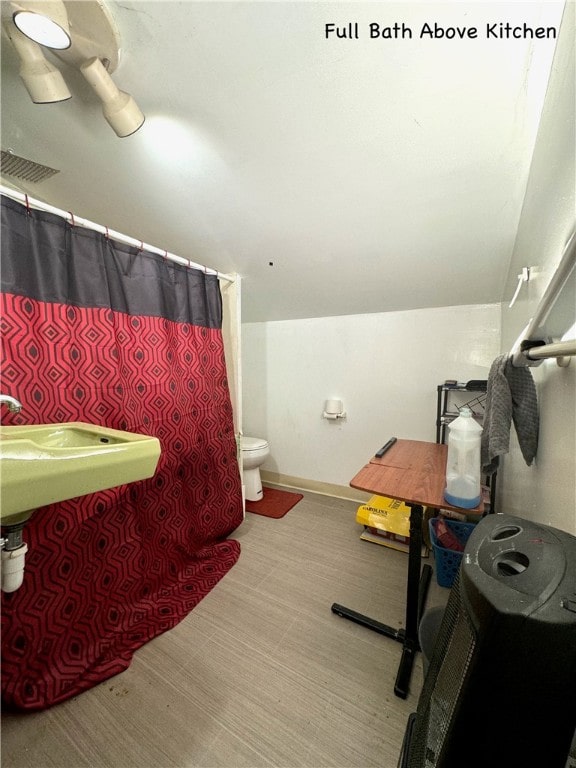 bathroom with vaulted ceiling and toilet