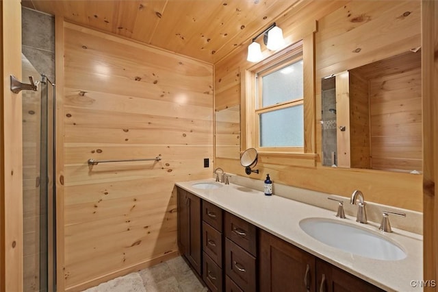 bathroom with wooden walls, wooden ceiling, and vanity