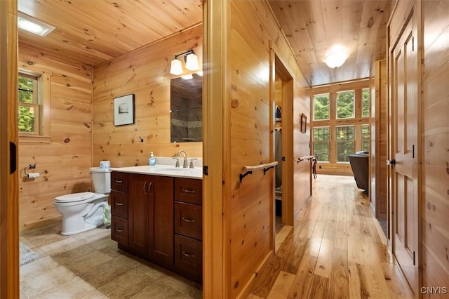 bathroom with toilet, wood walls, wood ceiling, and vanity