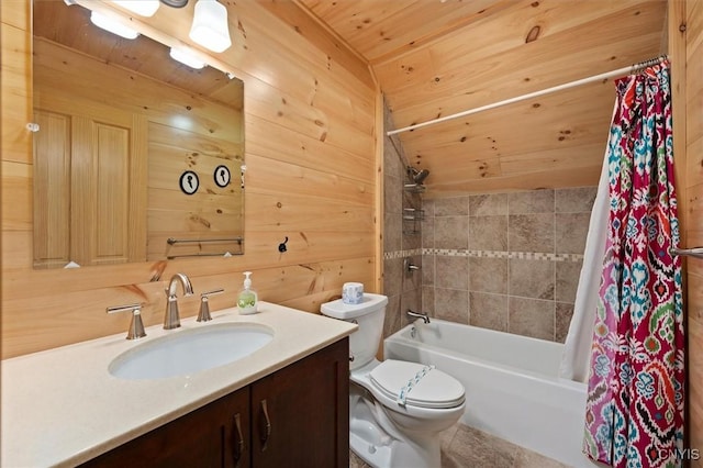 full bathroom featuring wood ceiling, wood walls, toilet, vanity, and shower / bath combo with shower curtain