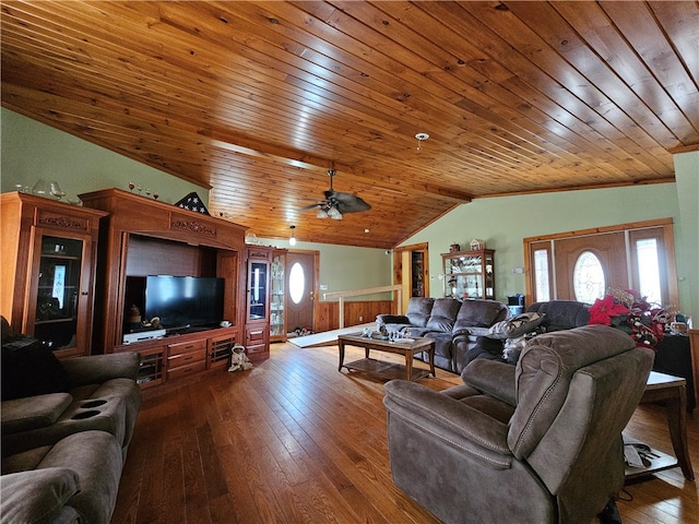 living room featuring ceiling fan, hardwood / wood-style flooring, plenty of natural light, and wooden ceiling