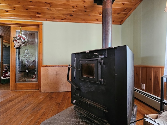 interior details featuring wood ceiling, wood-type flooring, and a wood stove