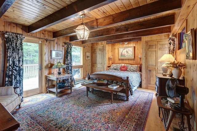 bedroom featuring beamed ceiling, wood walls, wood ceiling, and wood-type flooring