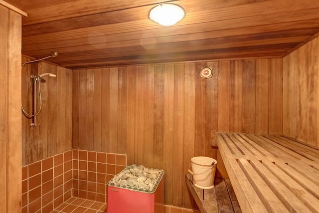 view of sauna featuring wooden walls and wood ceiling