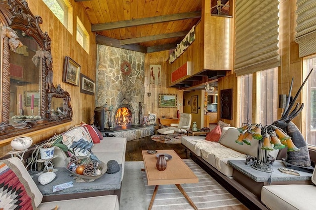 200 Onistagrawa Ln, Fulton, NY 12122 - living room featuring wood ceiling with exposed beams, wood walls, wood finished floors, a towering ceiling, and a stone fireplace