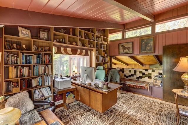 office space featuring beamed ceiling, wood ceiling, and wooden walls