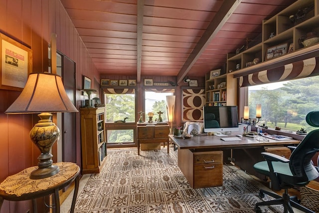 office space featuring lofted ceiling, wood ceiling, and wooden walls