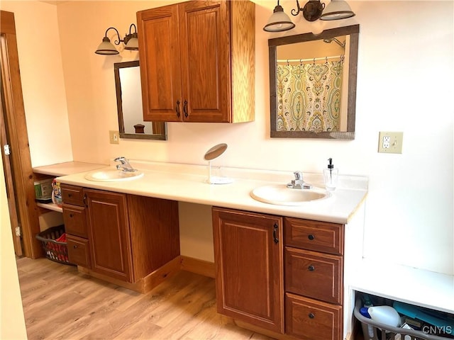 bathroom featuring a sink, wood finished floors, and double vanity