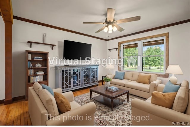 living room featuring ceiling fan, ornamental molding, and hardwood / wood-style floors