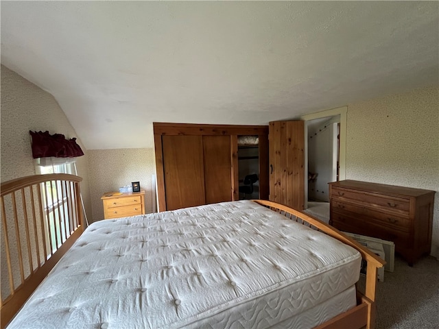 carpeted bedroom featuring lofted ceiling