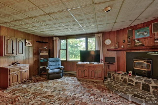 46745 Rte 1 S, Alexandria, NY 13607 - living room with wooden walls, a baseboard radiator, carpet flooring, and a wood stove