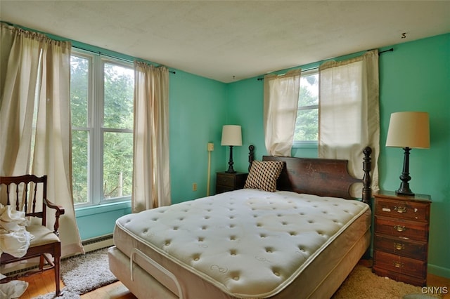 bedroom with a baseboard radiator, multiple windows, and light hardwood / wood-style flooring