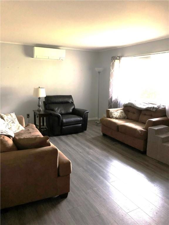 living area featuring a wall mounted air conditioner and wood finished floors