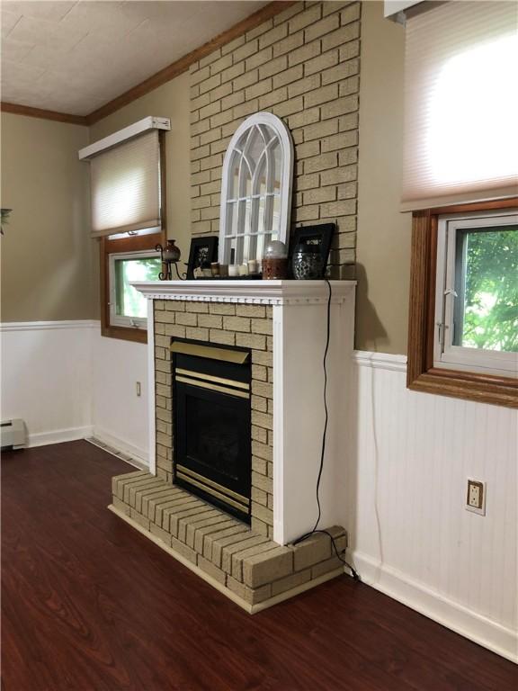 unfurnished living room featuring crown molding, a wainscoted wall, a fireplace, and wood finished floors