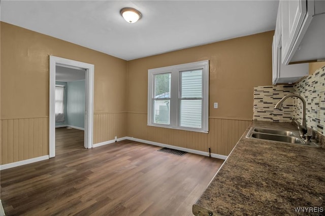 kitchen with visible vents, dark wood finished floors, wainscoting, white cabinetry, and a sink