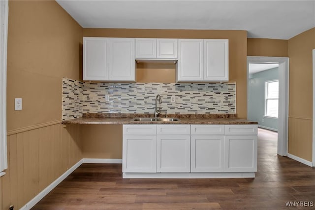 kitchen featuring a sink, a wainscoted wall, white cabinets, and dark wood finished floors